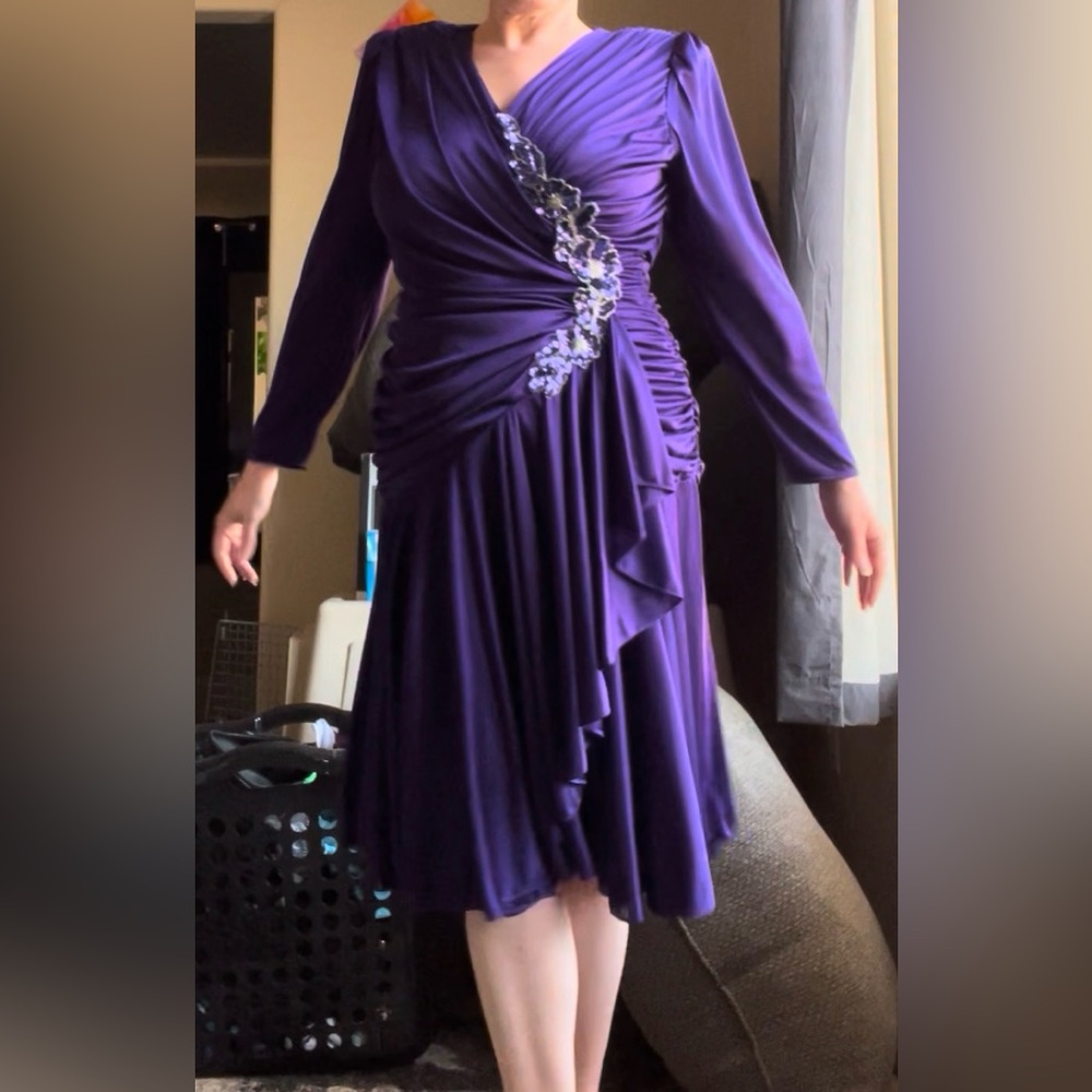 Abby Kent Dress Purple Ruched Long Sleeve Beaded Sequin Layered Midi 80s Vintage